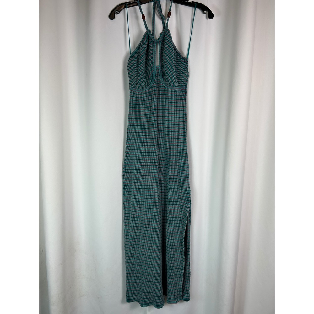 Free People Teal Pink Striped Ribbed Halter Maxi Dress Boho Festival Small